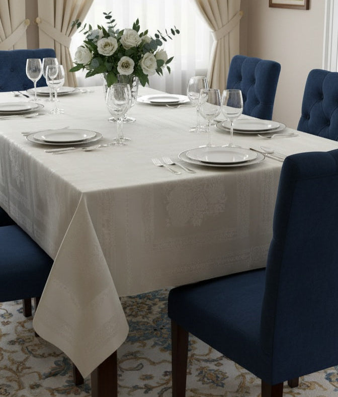 Tovaglia di Lusso RUBINO Jacquard Misto Lino - Design Tela Aida - Su Misura (Bianco/Avorio) - Barrile donna