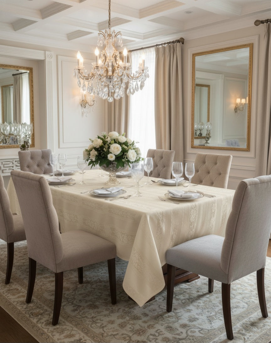 Tovaglia di Lusso RUBINO Jacquard Misto Lino - Design Tela Aida - Su Misura (Bianco/Avorio) - Barrile donna