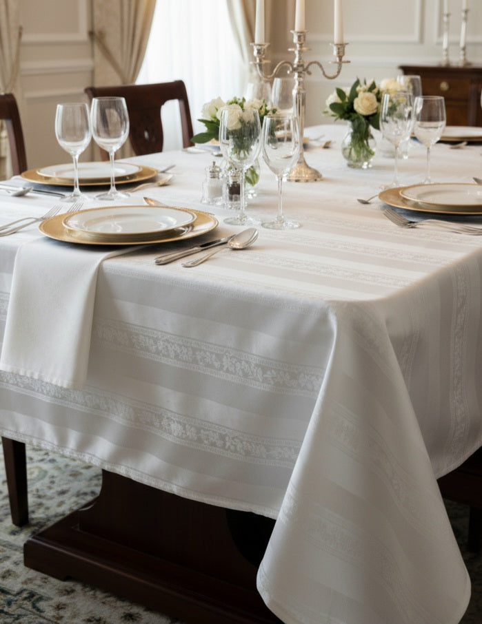 Tovaglia di Lusso RUBINO Jacquard Misto Lino - Design Tela Aida - Su Misura (Bianco/Avorio) - Barrile donna