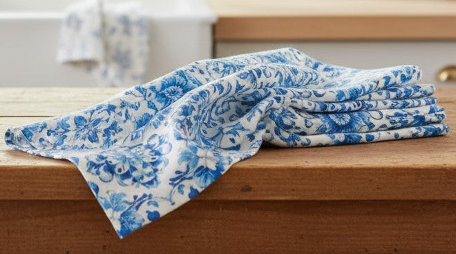 Set 3 Strofinacci in Cotone Drill "Mediterraneo" | Fantasia Blu e Bianco - Barrile donna