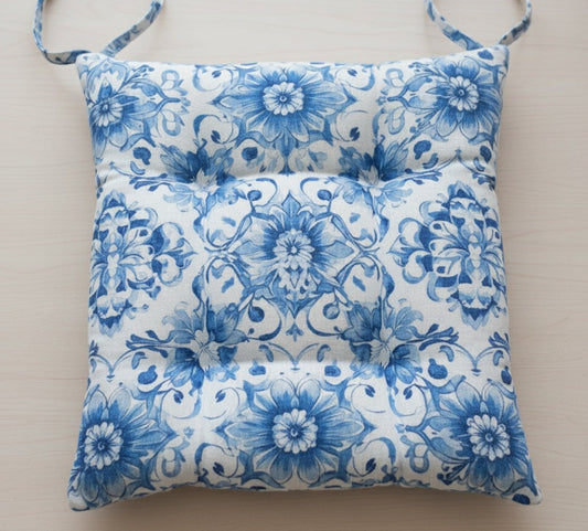 Cuscino Coprisedia in Cotone Drill "Mediterraneo" | Fantasia Blu su Bianco | Con Laccetti - Barrile donna