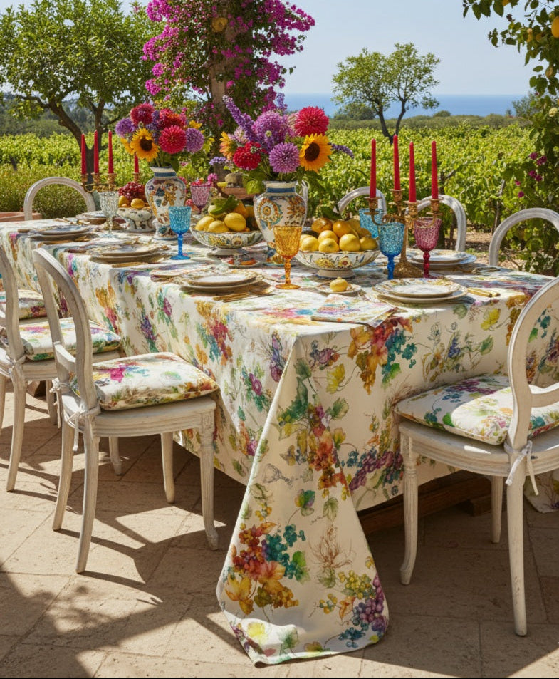 Tovaglia in Puro Lino con Stampa Digitale Botanica | Eleganza Mediterranea | 150x190 / 150x250 cm - Barrile donna